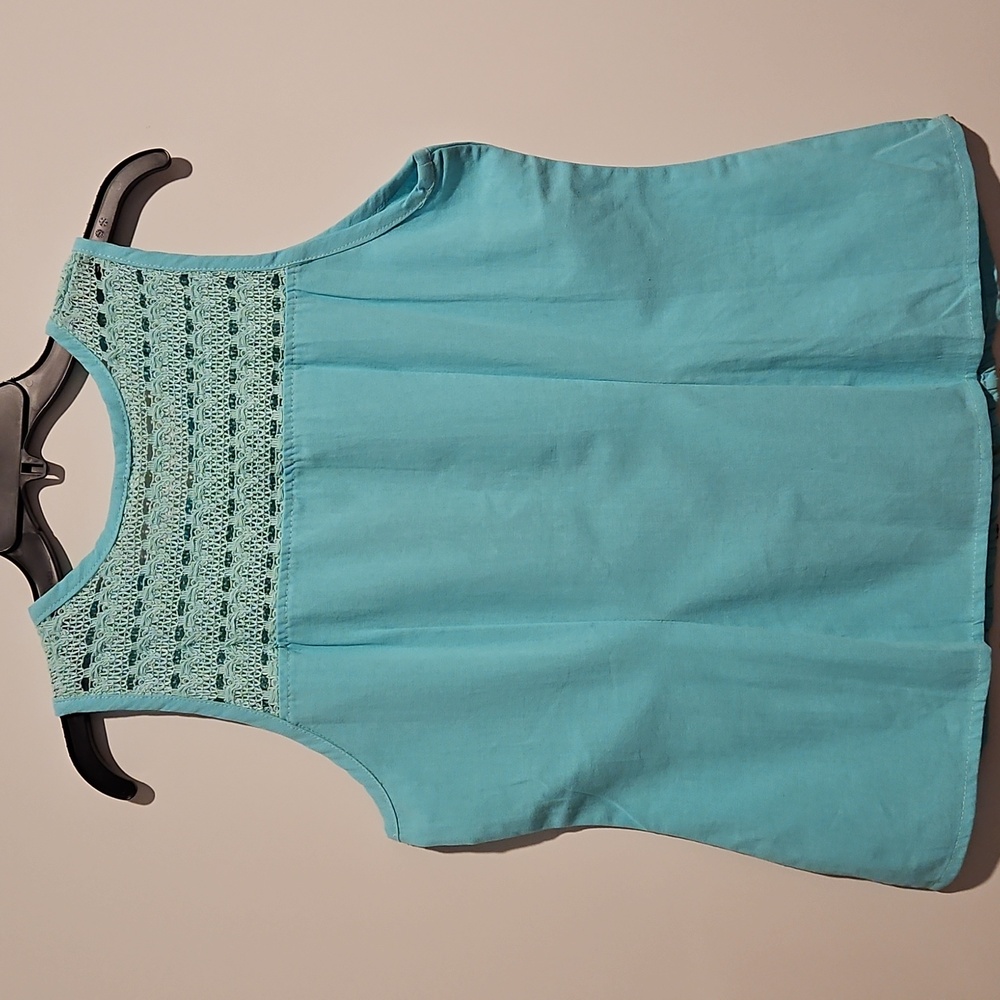 Light Teal blue embroidered Mexican Pattern Sleeveless Top Pintucks Lg. - Picture 6 of 6